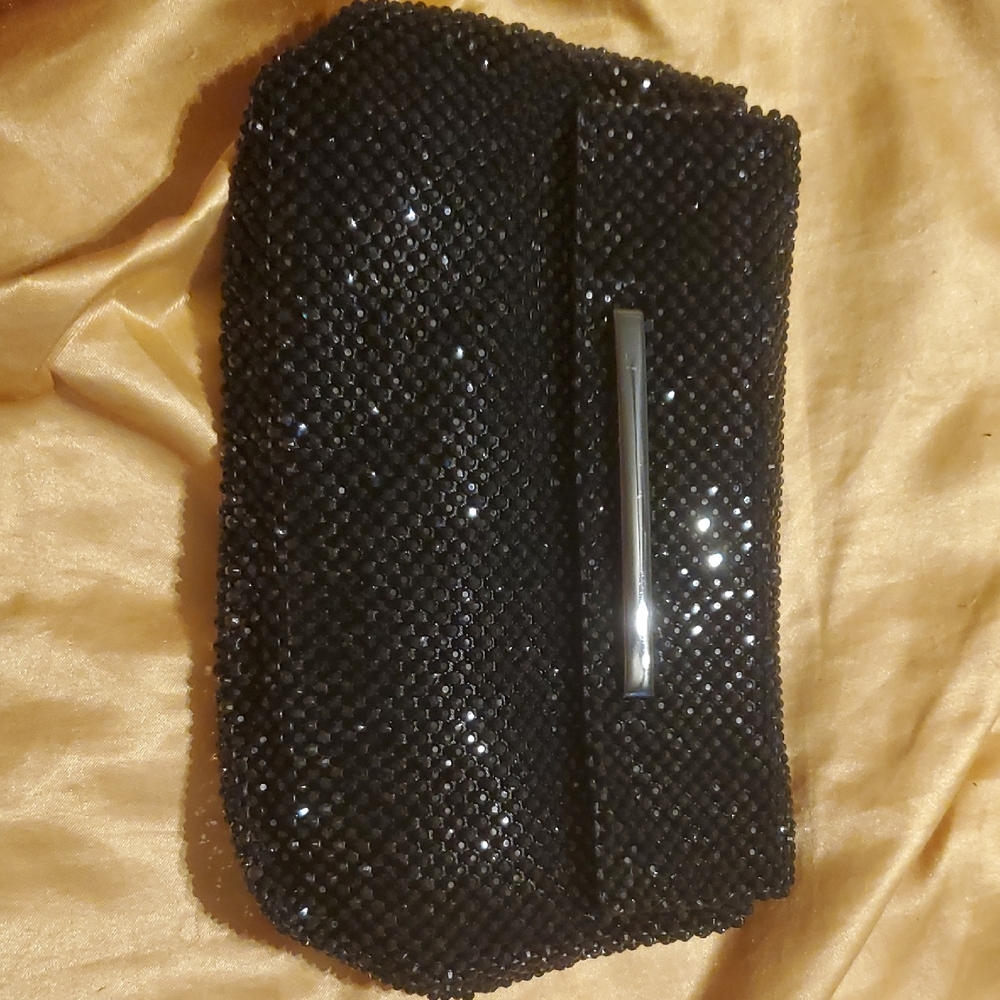 La Regale Black Satin Clutch with Silver Detail